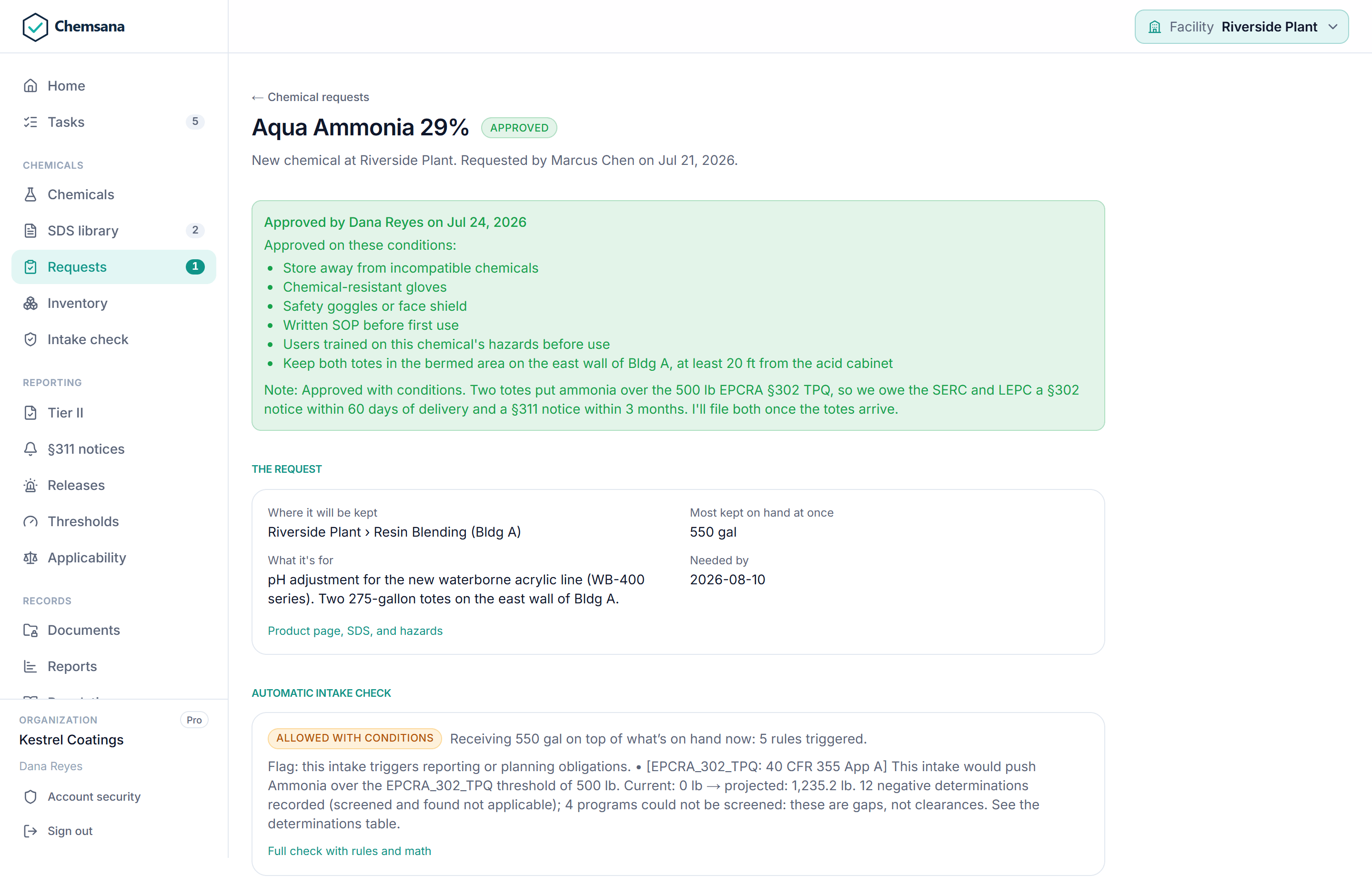 Chemsana chemical request for 550 gallons of 29% aqua ammonia, approved with six conditions covering storage, gloves, goggles, a written SOP, training, and berm placement, with the automatic intake check attached.