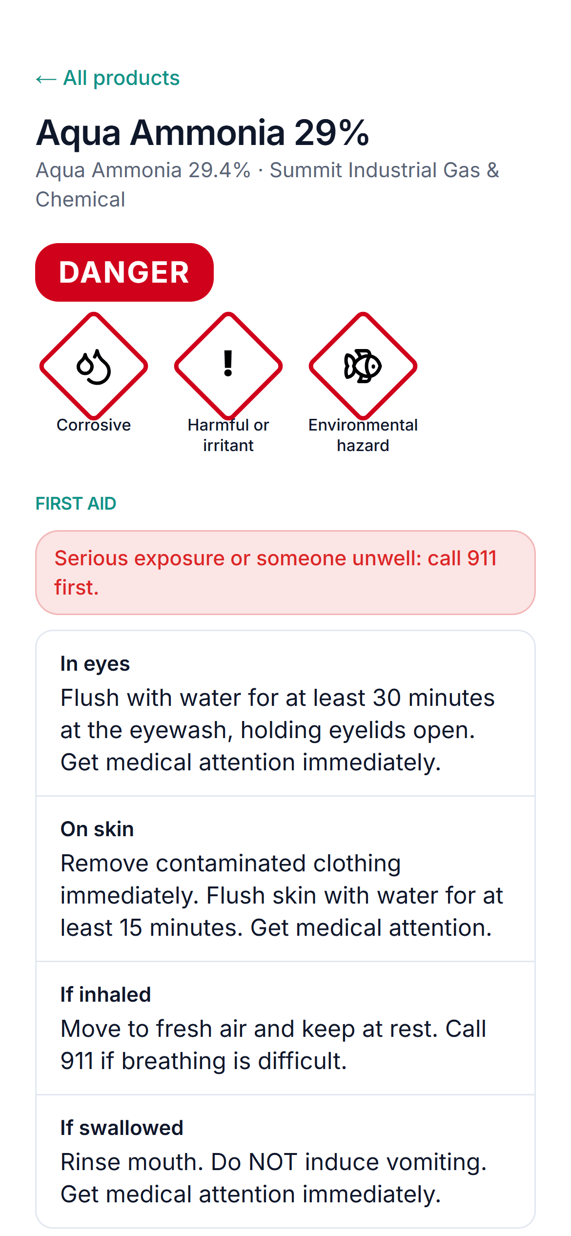 Chemsana hazard summary on a phone for 29% aqua ammonia: DANGER signal word, pictograms, and first aid by route of exposure.